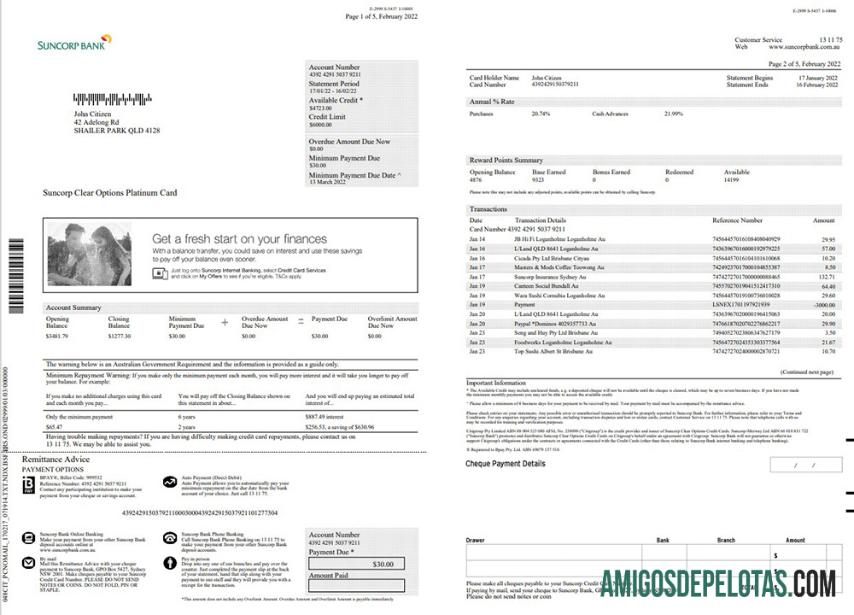 Australia Suncorp Bank Statement 5 Pages amostra